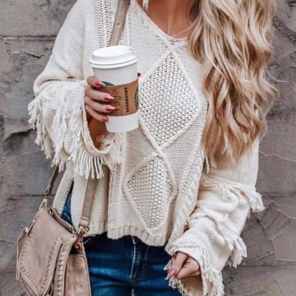 03 Cozy Fringe Sleeve Knit Oversized Sweater Top - Picture 1 of 6
